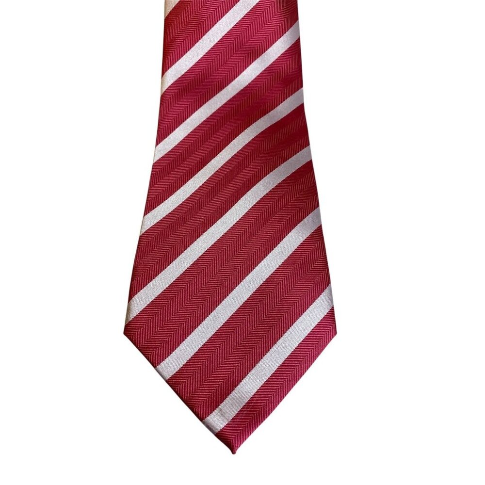 Stafford Repp Handmade 100% Silk Men’s Neck Tie Dark Pink And Silver Striped 60”